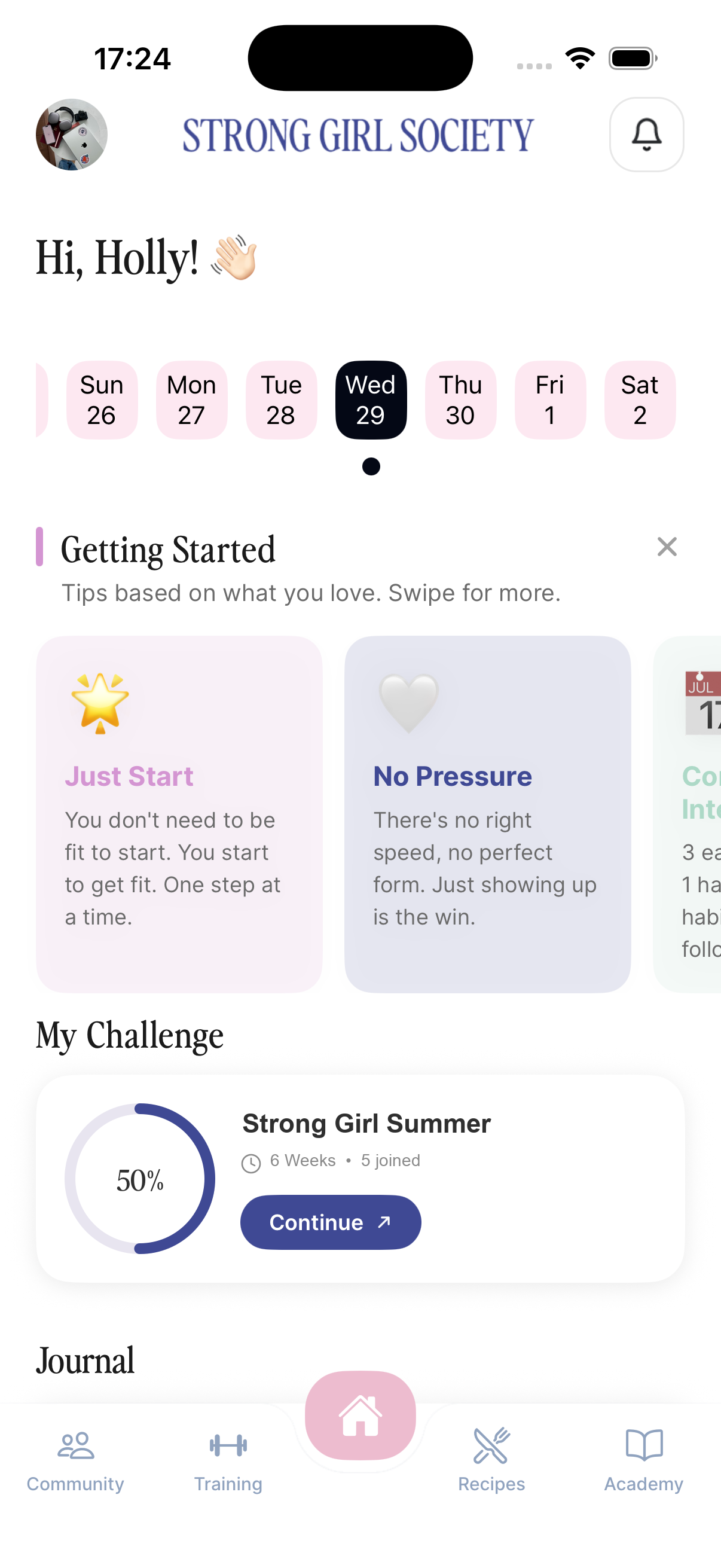Home dashboard with your Strong Girl Summer challenge